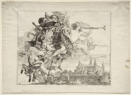 Flight into Egypt: Dedication with Winged Figure of Fame bearing the Arms of the Prince-Bishop of Wurzburg