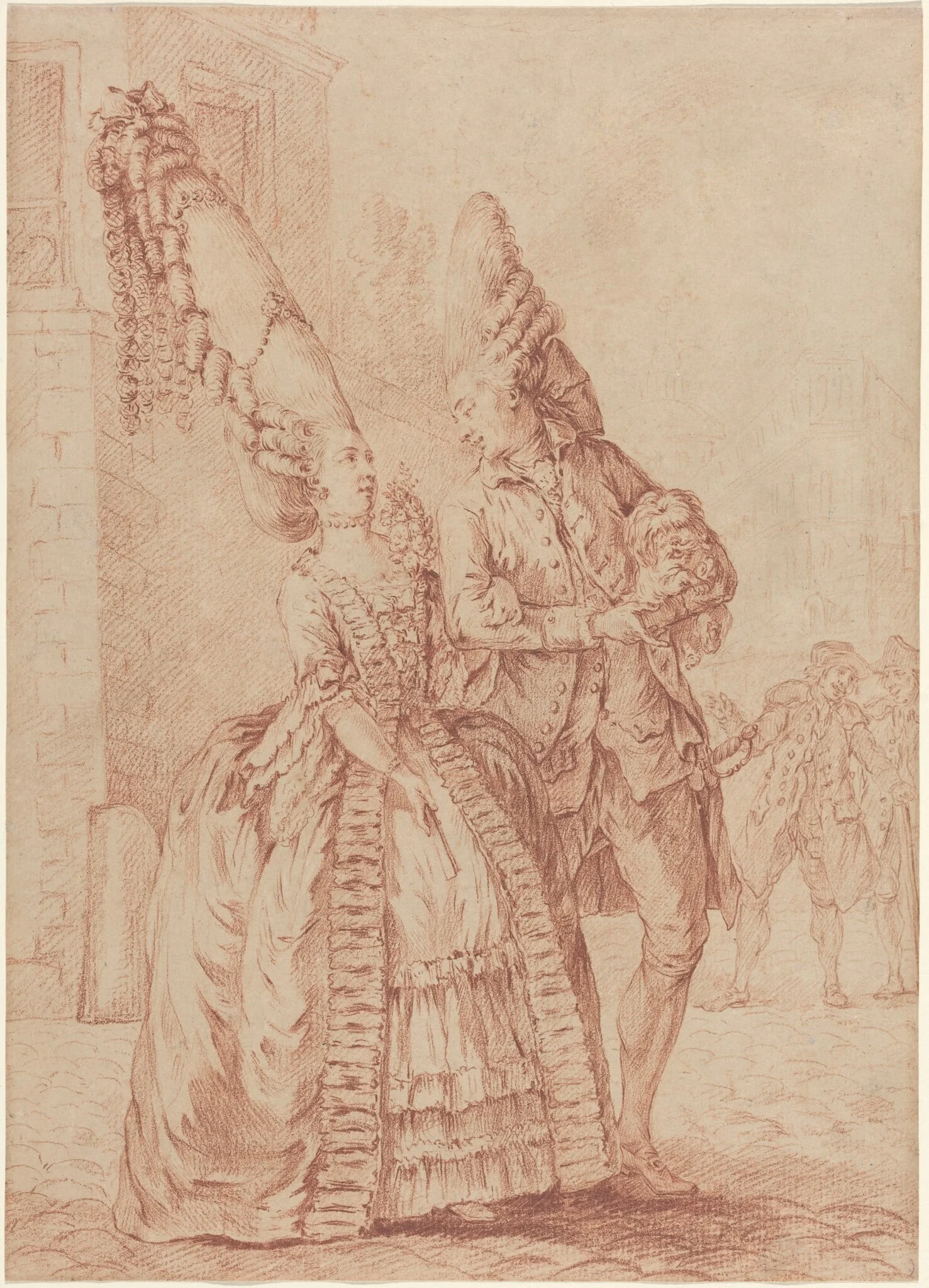 A Lady and Gentleman with Exaggerated Headdresses, by Pierre Thomas Le Clerc, chalk, 1779