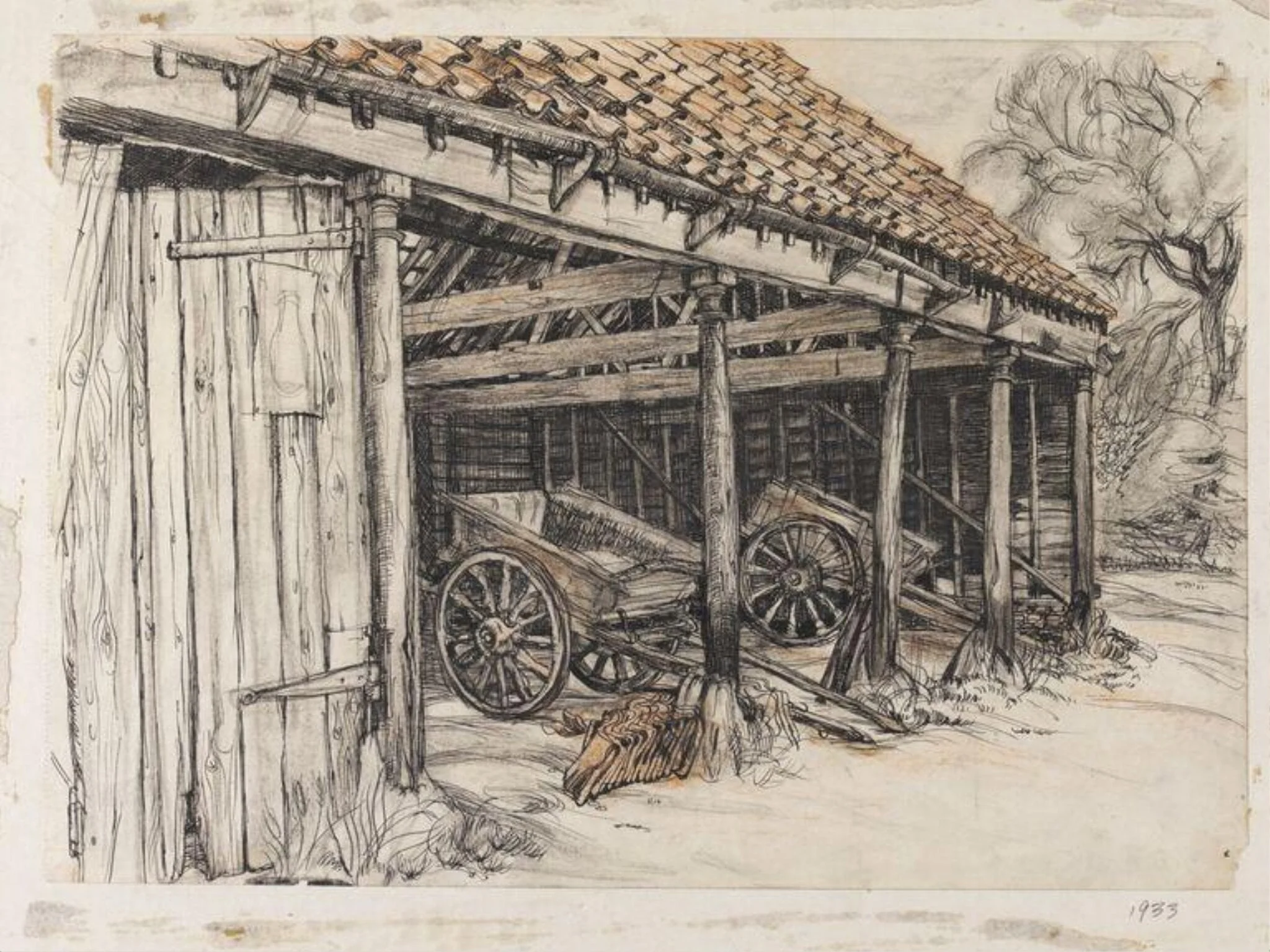 Drawing of open barn with farm carts