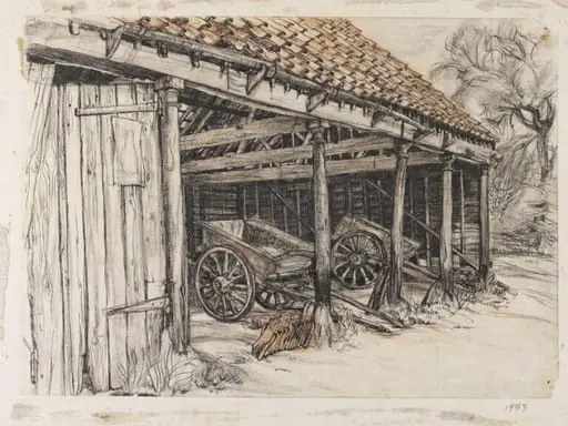 Drawing of open barn with farm carts