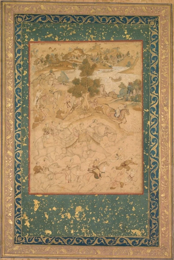 Akbar supervising the capture of wild elephants at Malwa in 1564, painting 90 from an Akbar-nama (Book of Akbar) of Abu’l Fazl (Indian 1551–1602), by Farukh Chela, unspecified, 1704