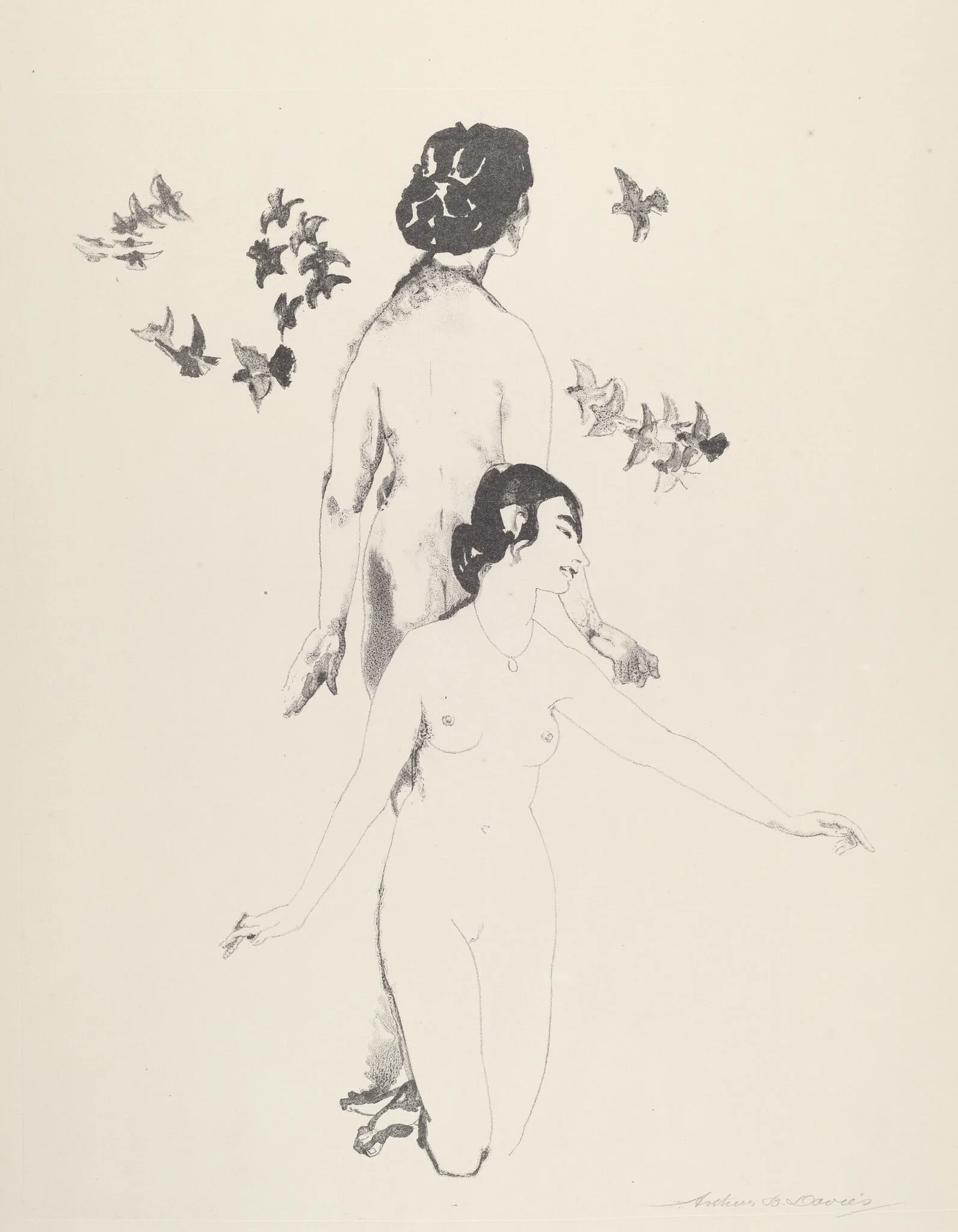 Circling Doves, by Arthur Bowen Davies, ink, 1921