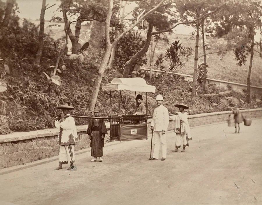 Untitled (man being carried in sedan chair, verso), by Unknown, 1884
