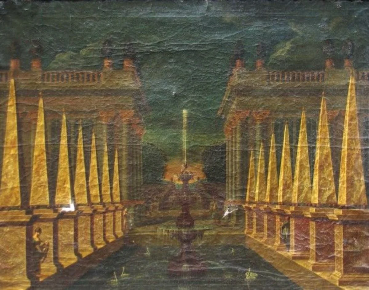 Fântână arteziană cu obeliscuri; pandant: Sală cu coloane, by Jakob Ferdinand Saeys, unspecified, 1725