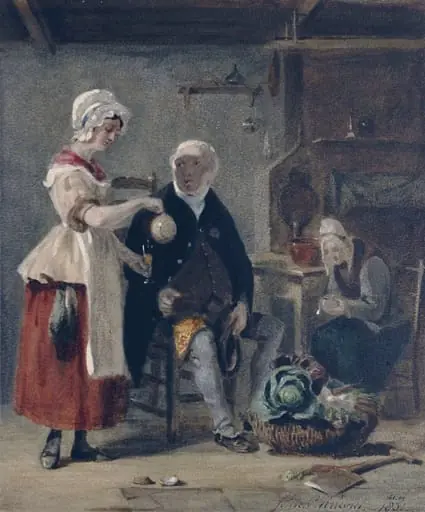 Rustic interior: figures of an old man and woman and a girl
