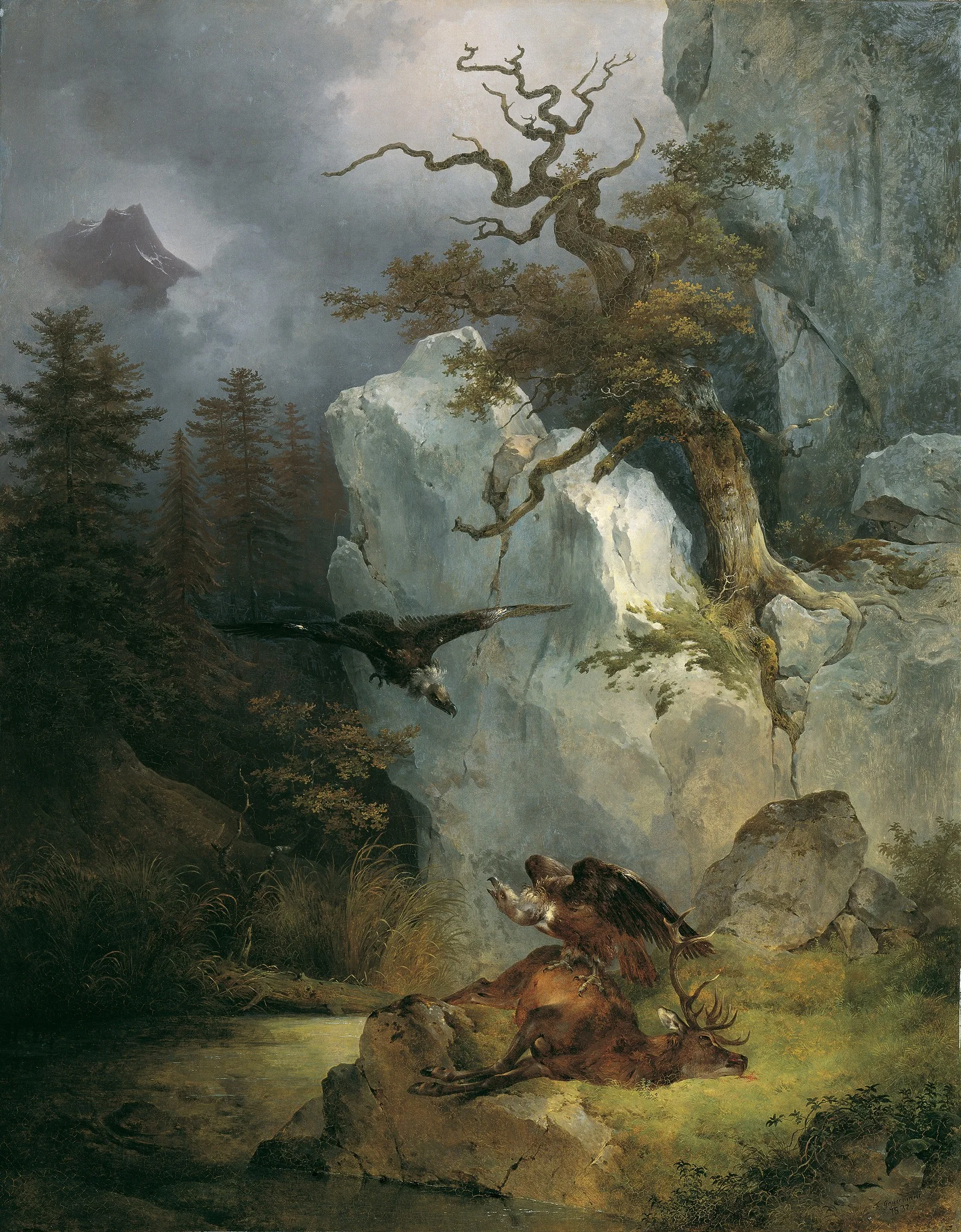 A vulture on deafening deer, by Friedrich Gauermann, oil, 1832