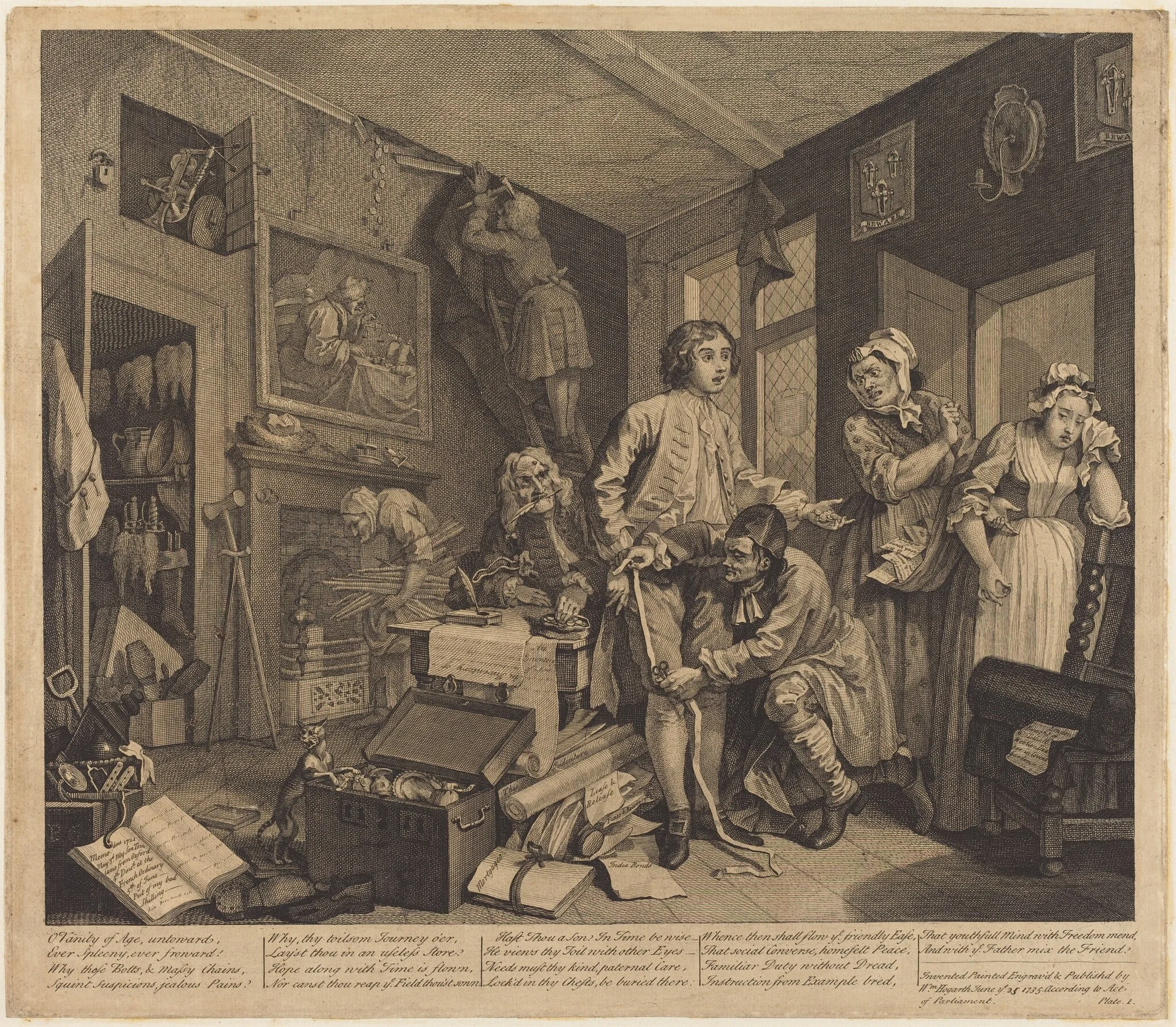 A Rake's Progress: pl.1, by William Hogarth, ink, 1735