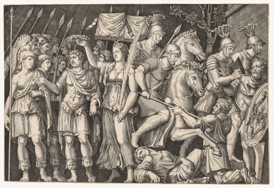 Speculum Romanae Magnificentiae: Trajan Between City of Victory and Rome (The Emperor Trajan), by Unknown, 1532