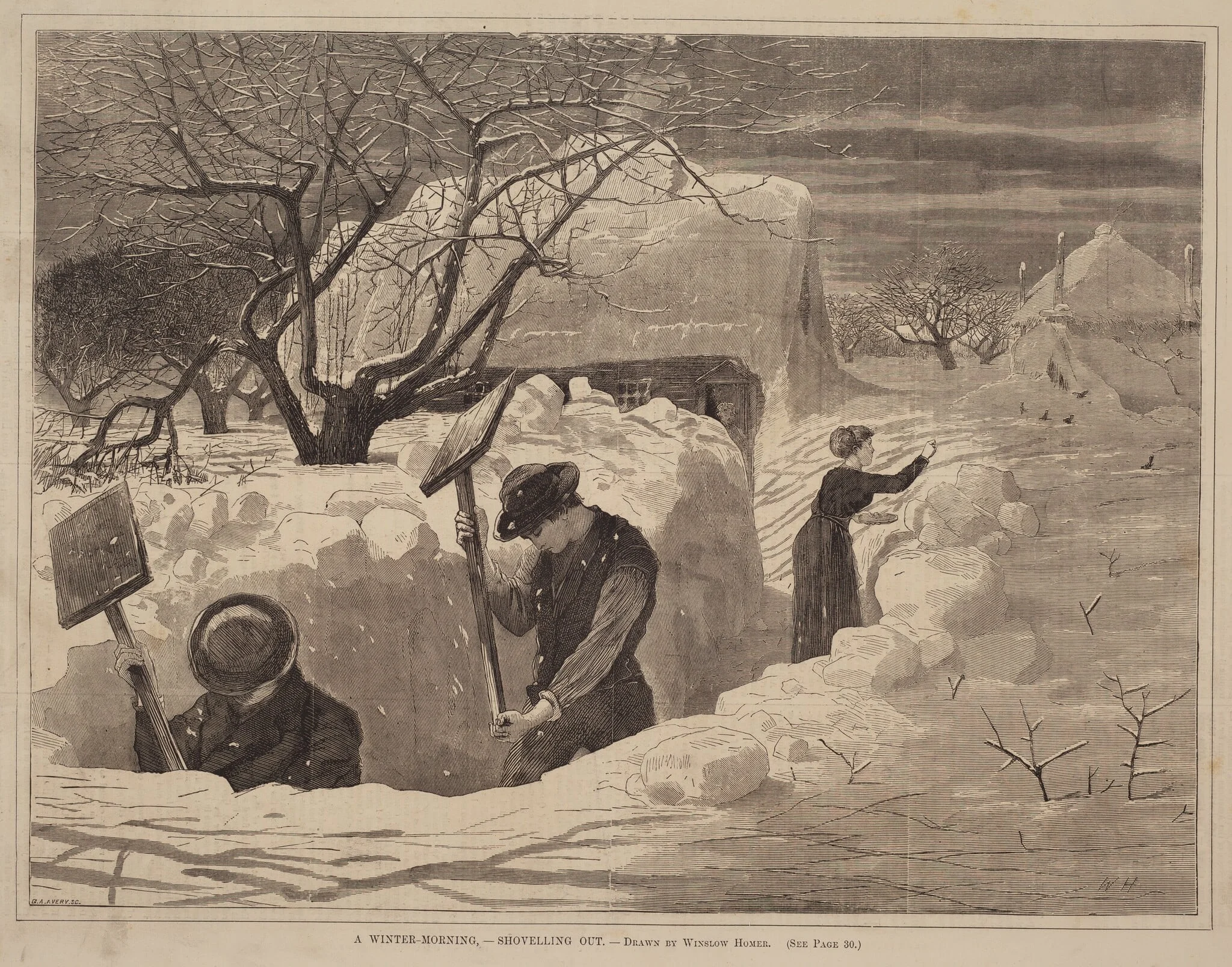 A Winter-Morning, - Shovelling Out, by George A. Avery, ink, 1871
