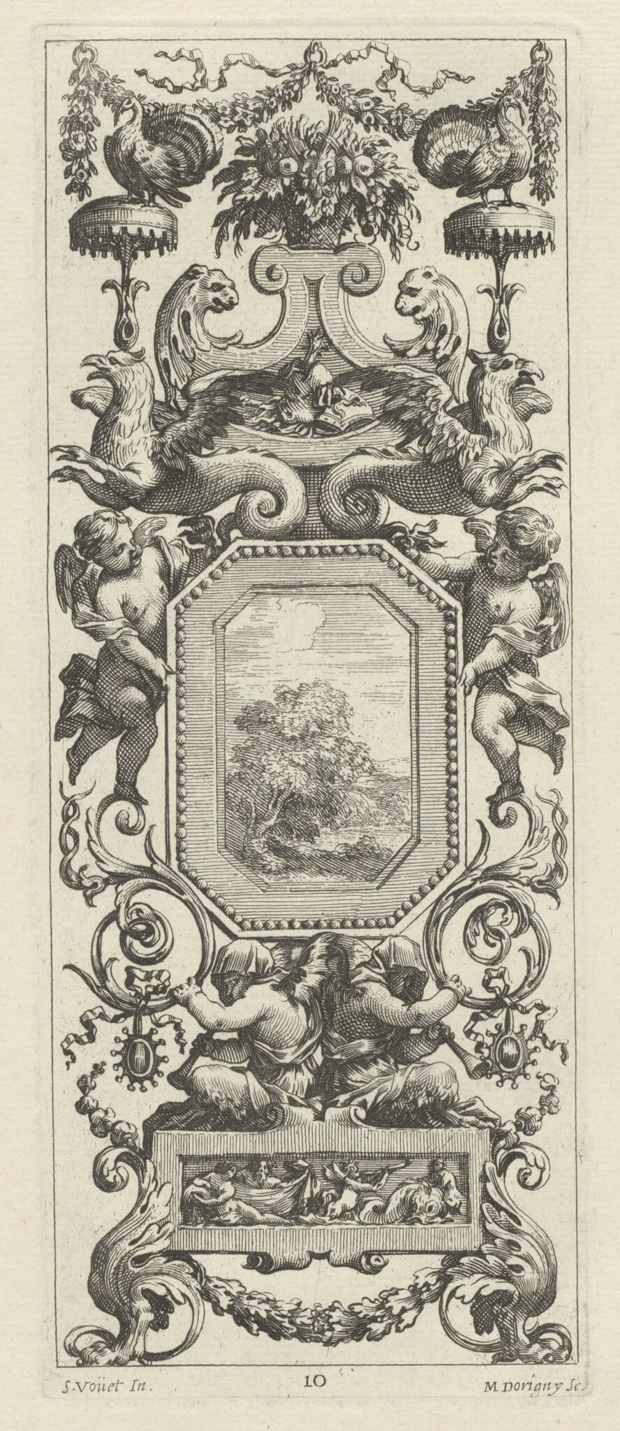 Ornamental Panel Surmounted by a Basket of Flowers and a Garland, by Michel Dorigny, ink, 1647