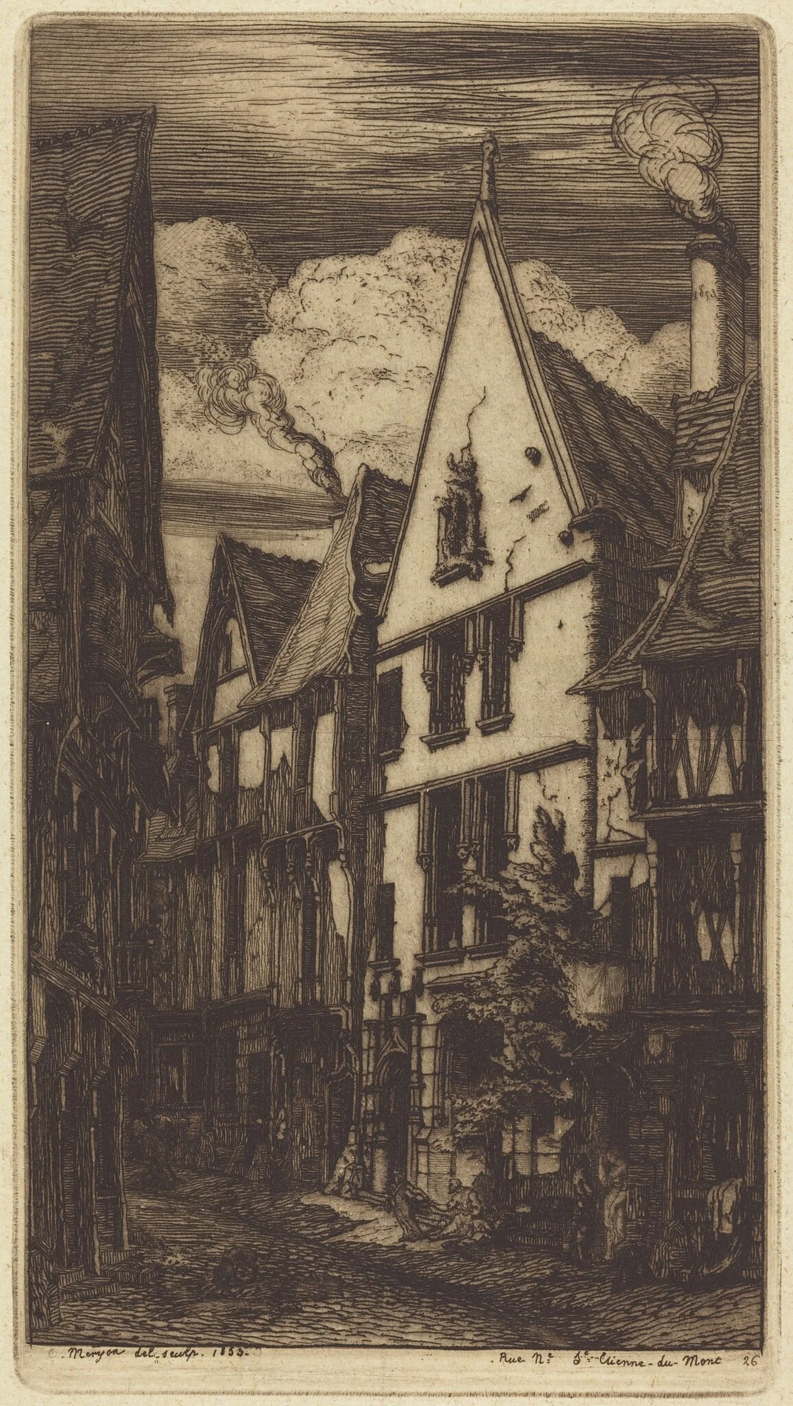 La Rue des Toiles, à Bourges, by Charles Meryon, ink, 1853