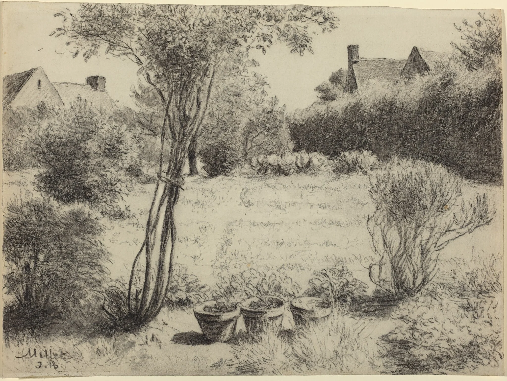 Sunlit Garden, by Jean-Baptiste Millet, chalk, 1868