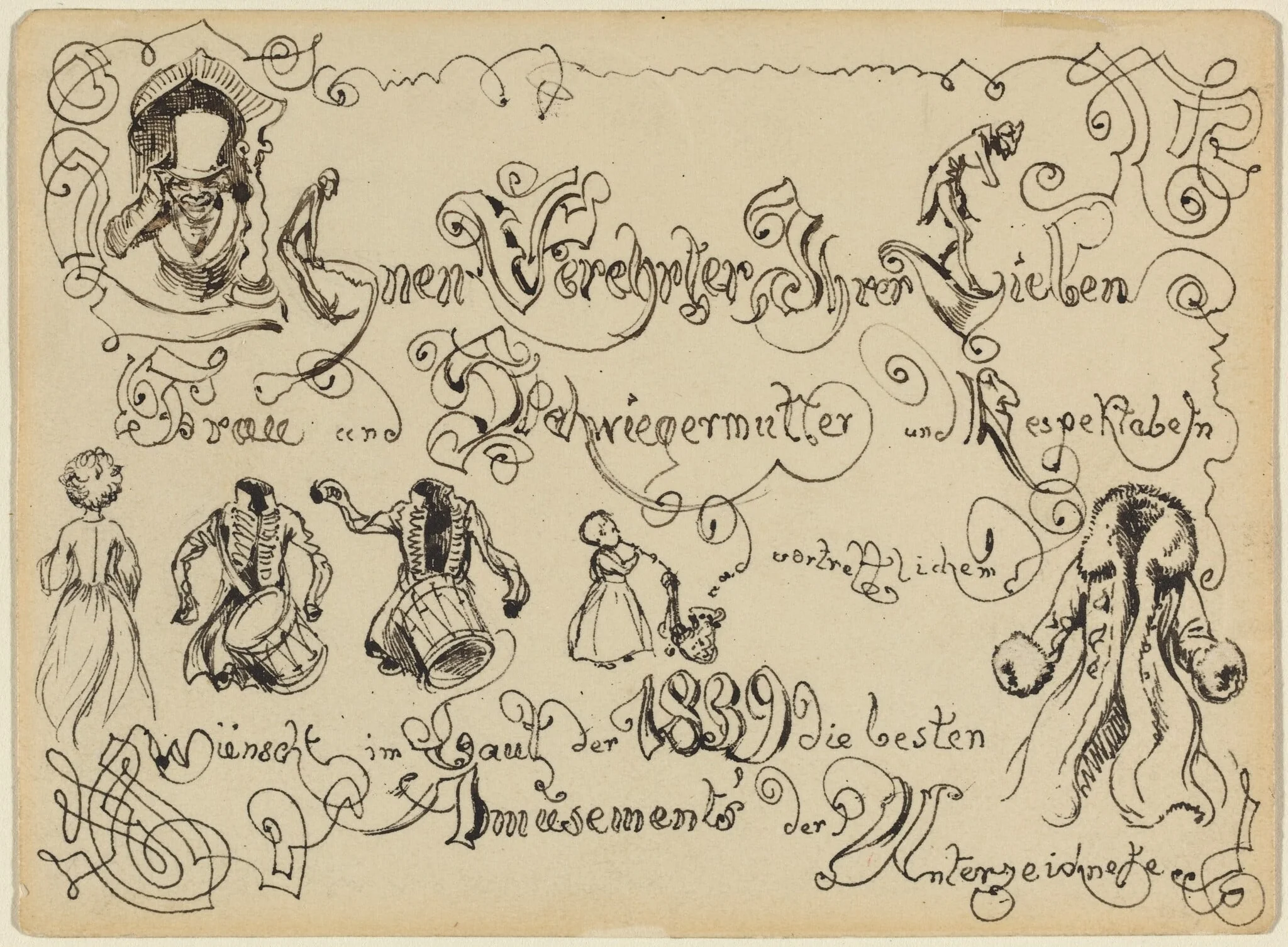A New Year's Greeting, by Adolph von Menzel, ink, 1839