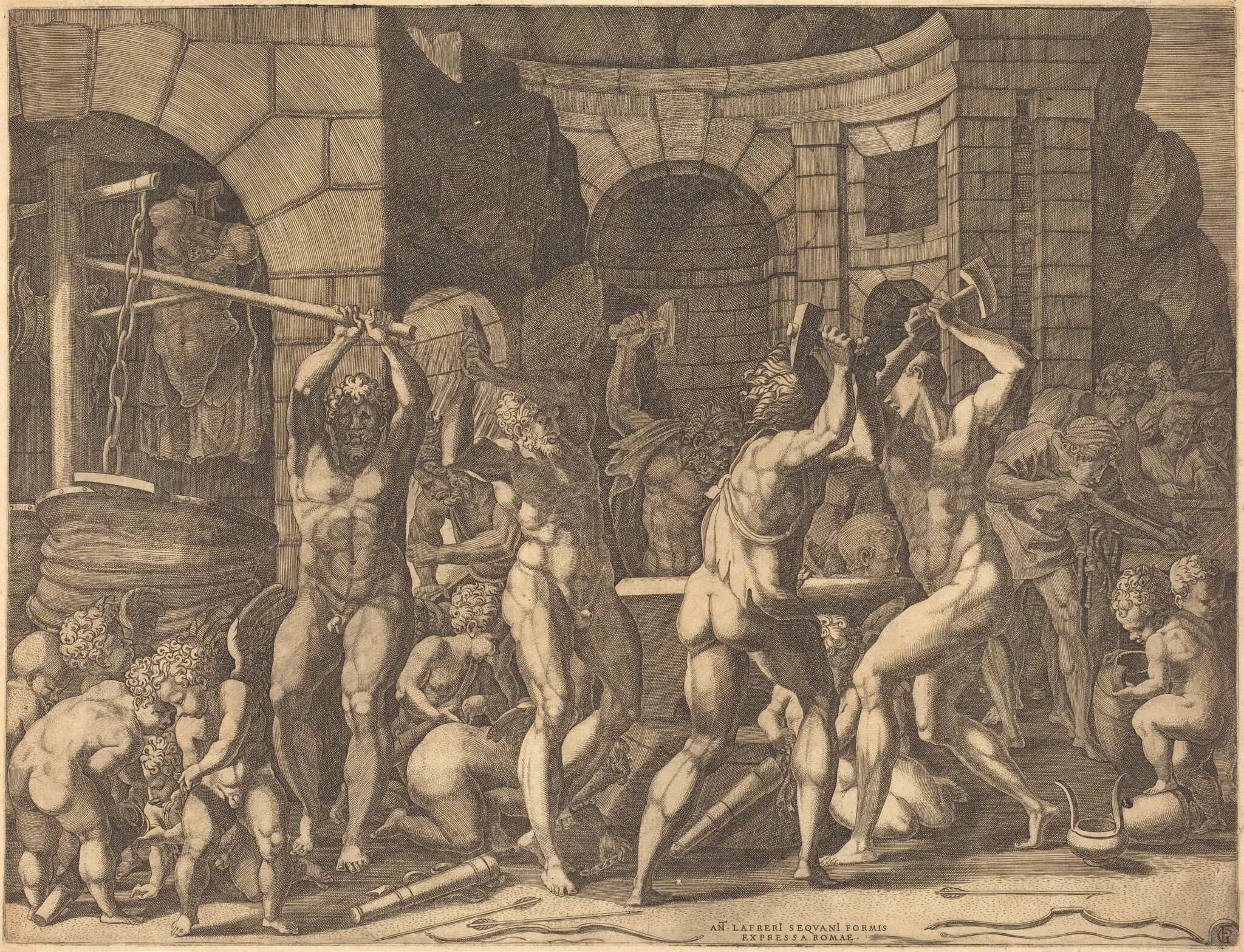 Vulcan and the Cyclopes Forging Arrows, by Master FG, ink, 1526