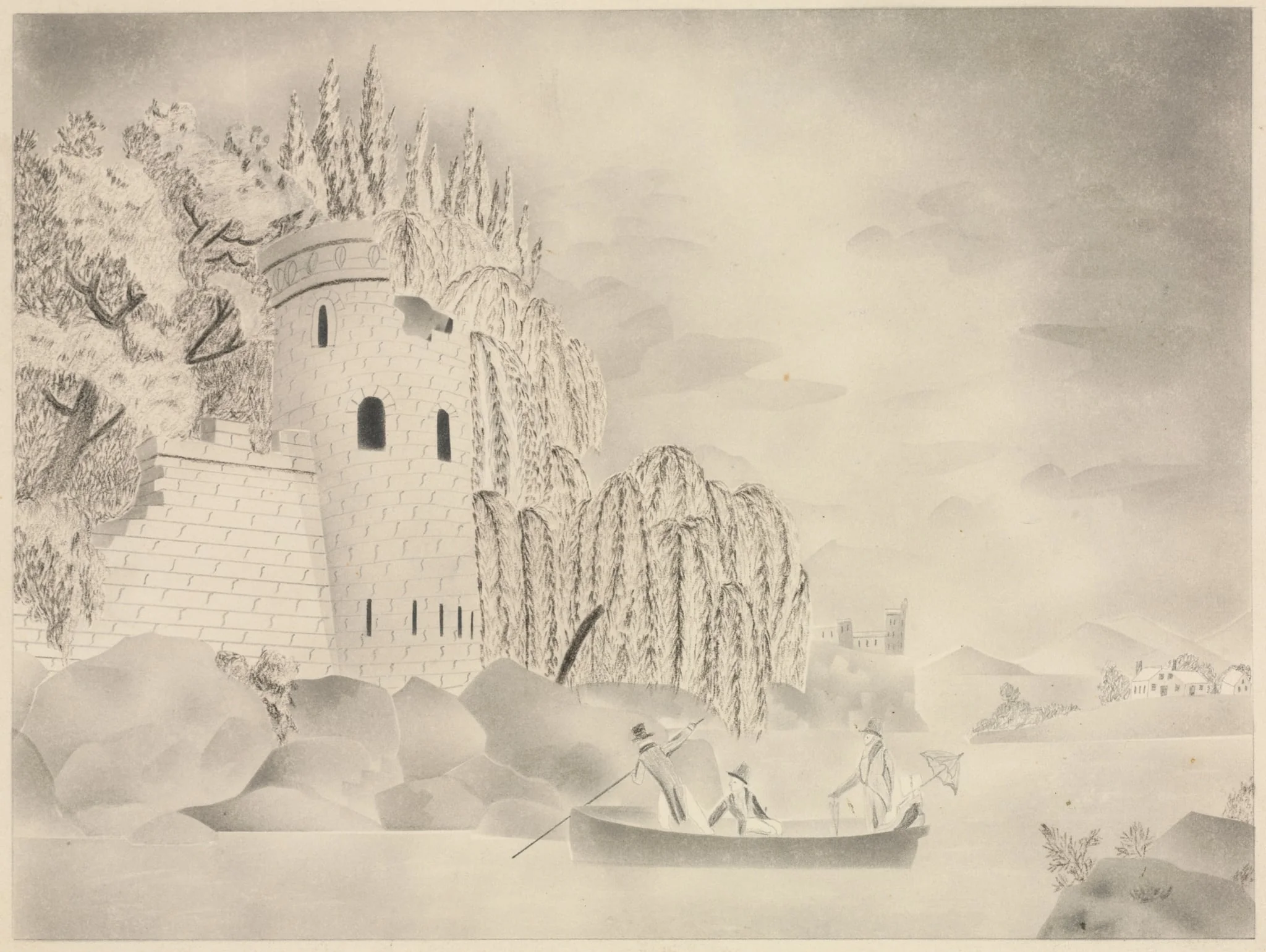 The Lonely Tower (Castle on a River with Willows and a Boat)