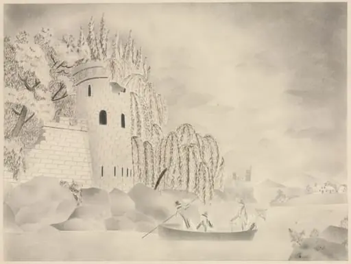 The Lonely Tower (Castle on a River with Willows and a Boat)