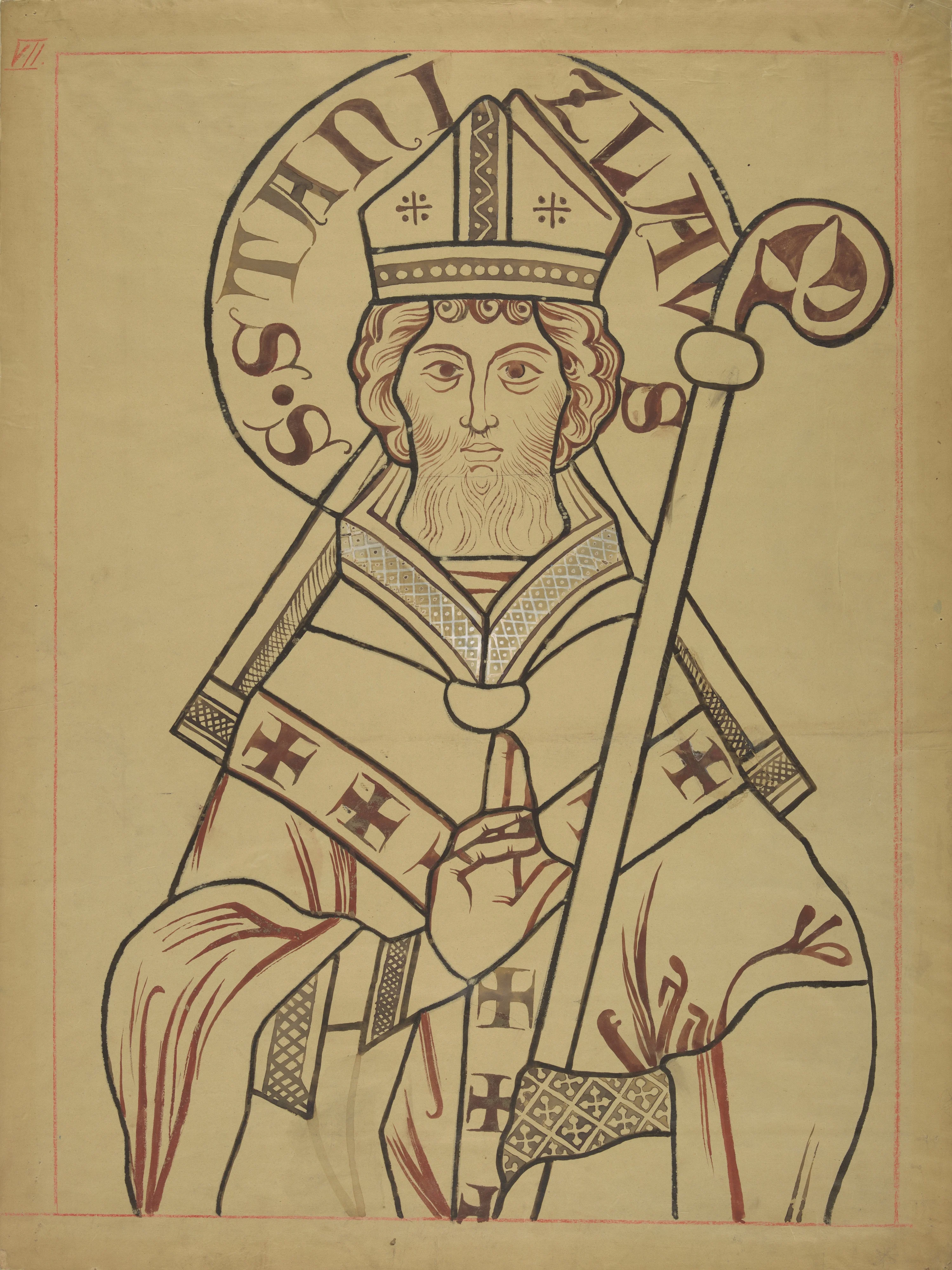 Saint Stanislaus, bishop. Artistic reconstruction of a stained glass panel from the Dominican church in Kraków, by Stanisław Wyspiański, gouache, 1898