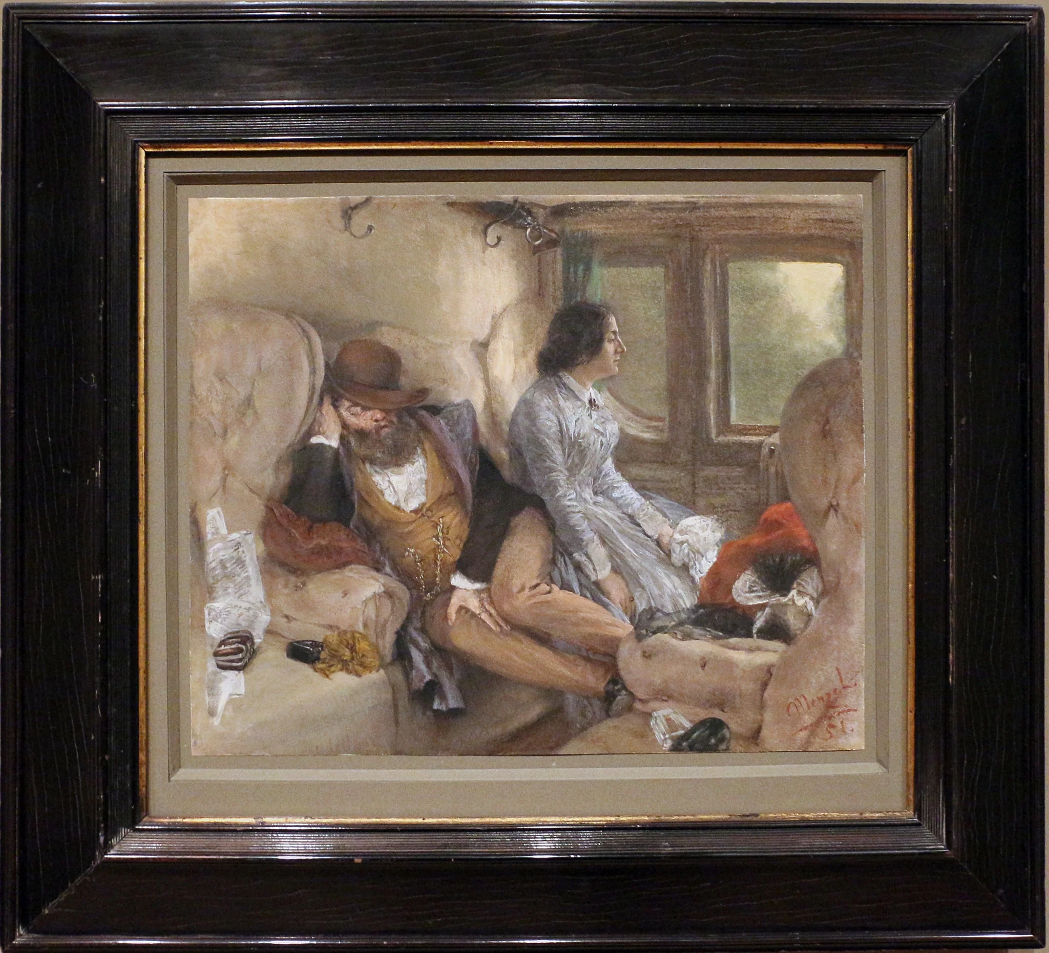 In a Railway Carriage (After a Night’s Journey), by Adolph von Menzel, unspecified, 1851