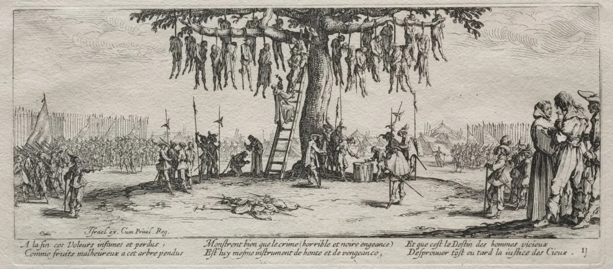 The Large Miseries of War:  The Hanging, by Jacques Callot, 1633