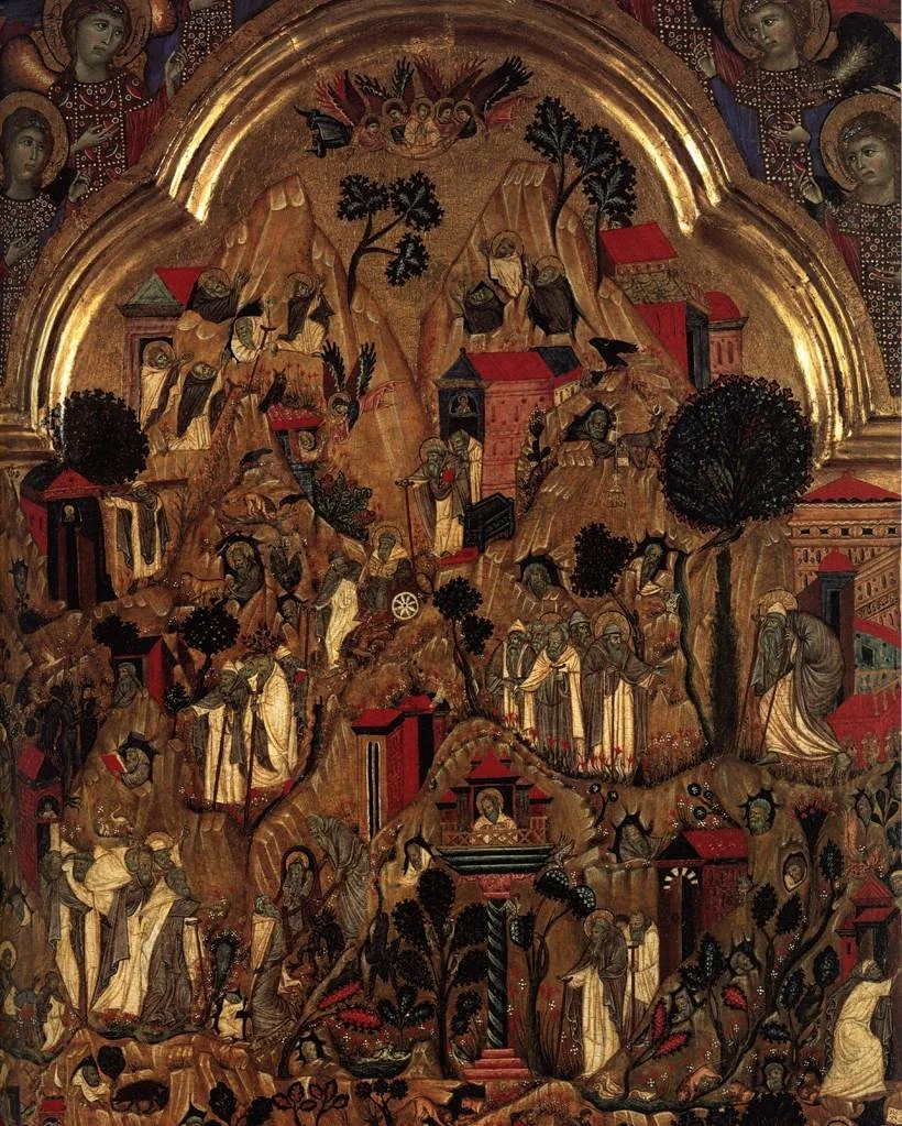 Triptych. Centre Panel: Death of St Ephraim with scenes from the lives of the monks in the Thebaid. Above; the Redeemer and six angels. Left Wing: Mourning Angels; the Crucifixions; the three Marys at, by Grifo di Tancredi, tempera, 1250