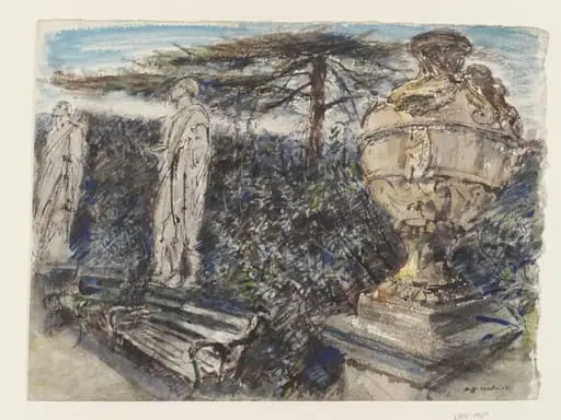 Chiswick House Garden, with statues of Caesar and Cicero, and Vase from Hadrian's Villa