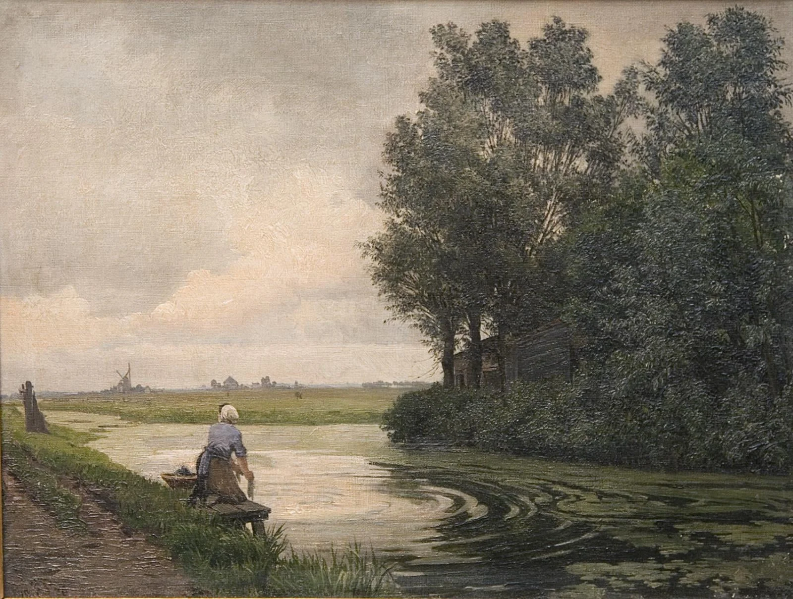 Hollandsk landskab. En pige vasker ved en kanal, by Unknown, 1876