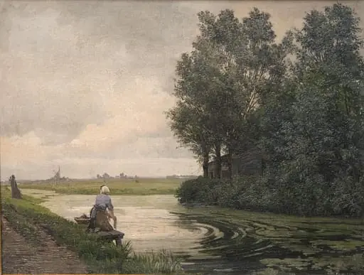 Hollandsk landskab. En pige vasker ved en kanal