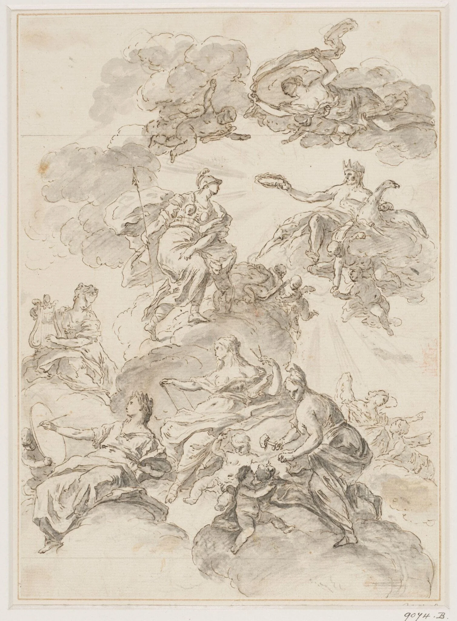 Minerva commending the arts of sculpture, architecture, painting and music to Jupiter
