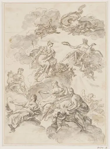 Minerva commending the arts of sculpture, architecture, painting and music to Jupiter