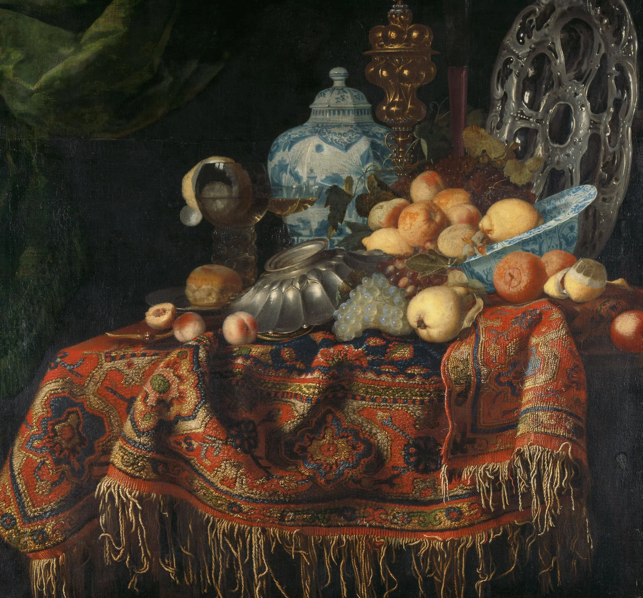 Still Life with Fruit, Plates and Dishes on a Turkey Carpet, by Unknown, unspecified, 1665