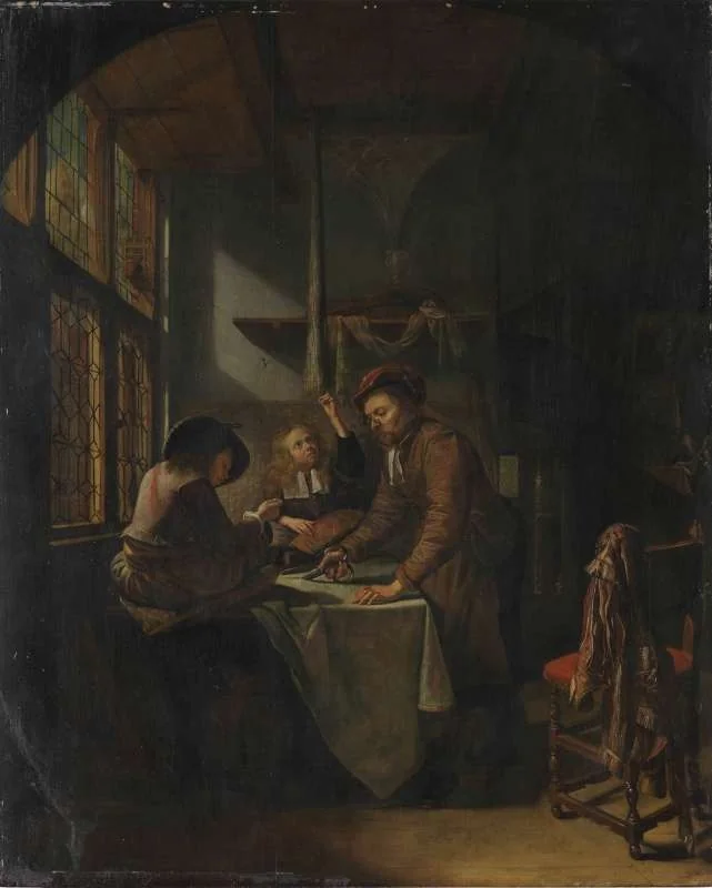 Tailor's Workshop, by Pieter Cornelisz. van Slingelandt, oil, 1690