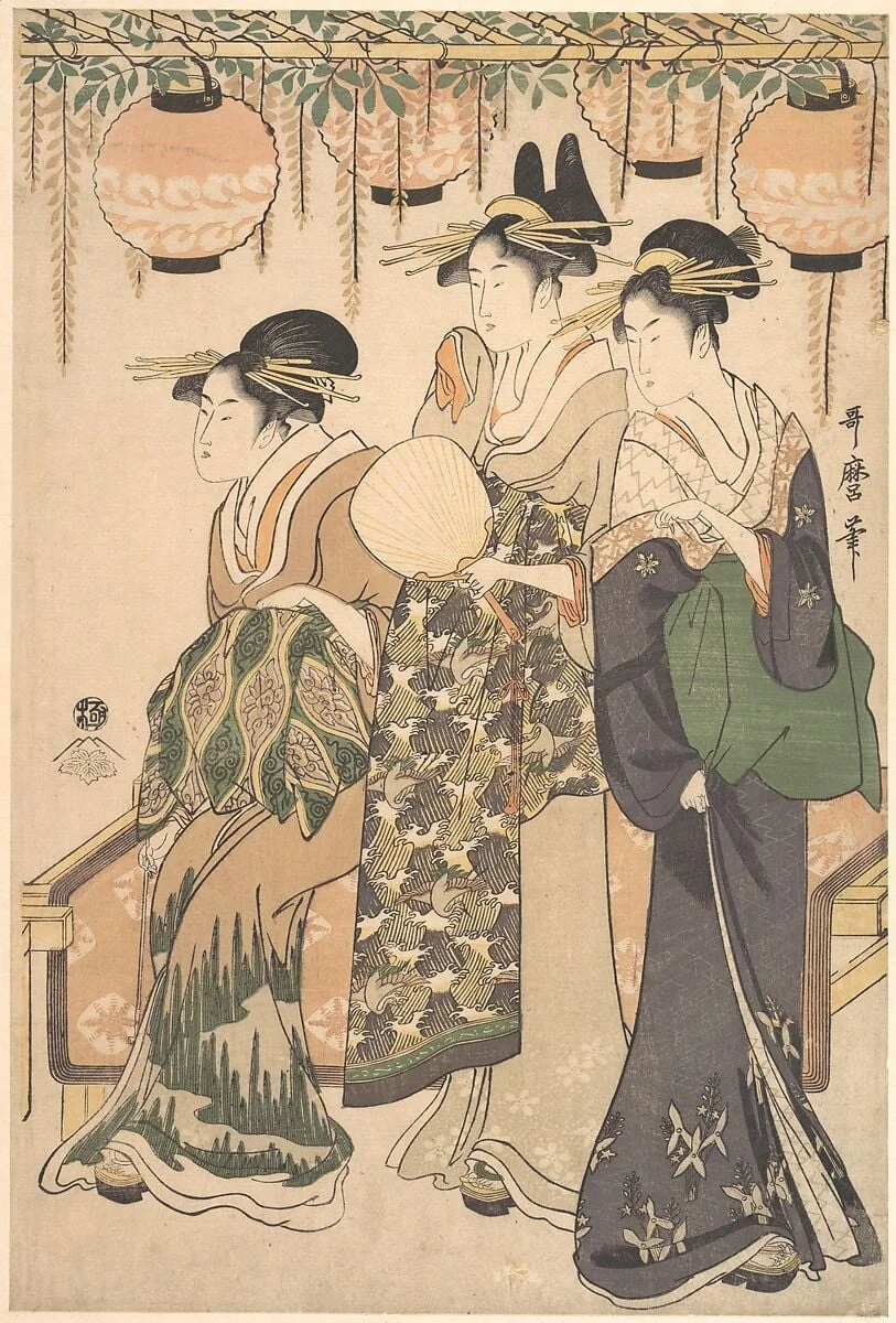 藤棚下の遊女たち|Courtesans Beneath a Wisteria Arbor (Fuji dana shita no yūjo tachi), by Kitagawa Utamaro, ink, 1795