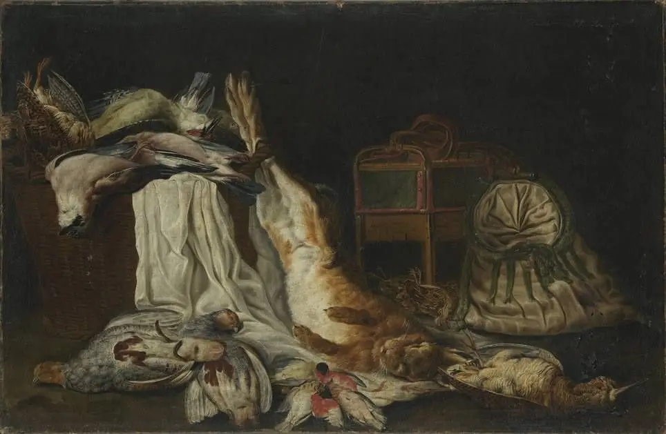 Hunting still life with a hare, two partridges and other birds
