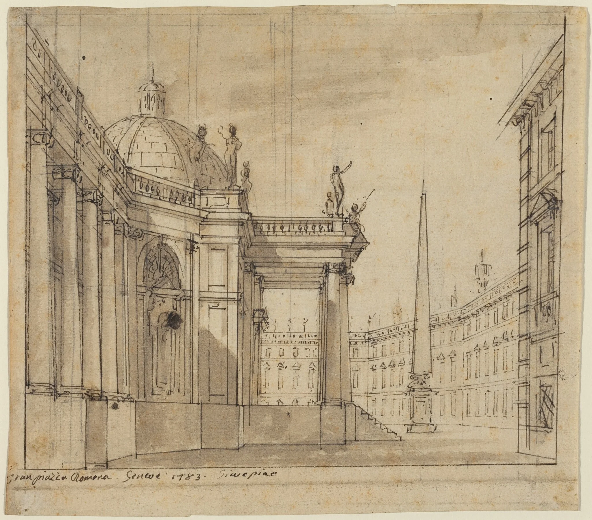 Stage Design: A Piazza with a Domed Church and an Obelisk, by Giuseppino Galliari, ink, 1783