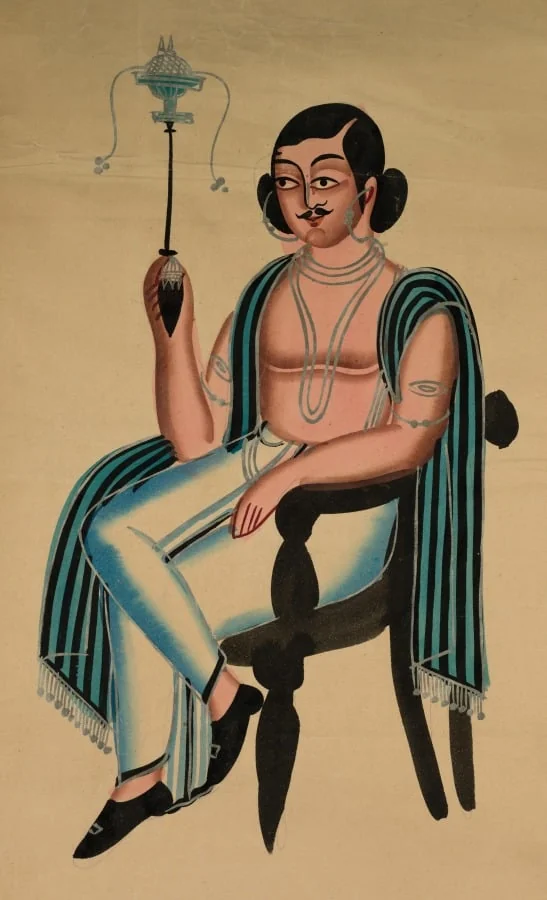 Man Seated in a European Chair Smoking a Margila Pipe, from a Kalighat album, by Unknown, unspecified, 1880