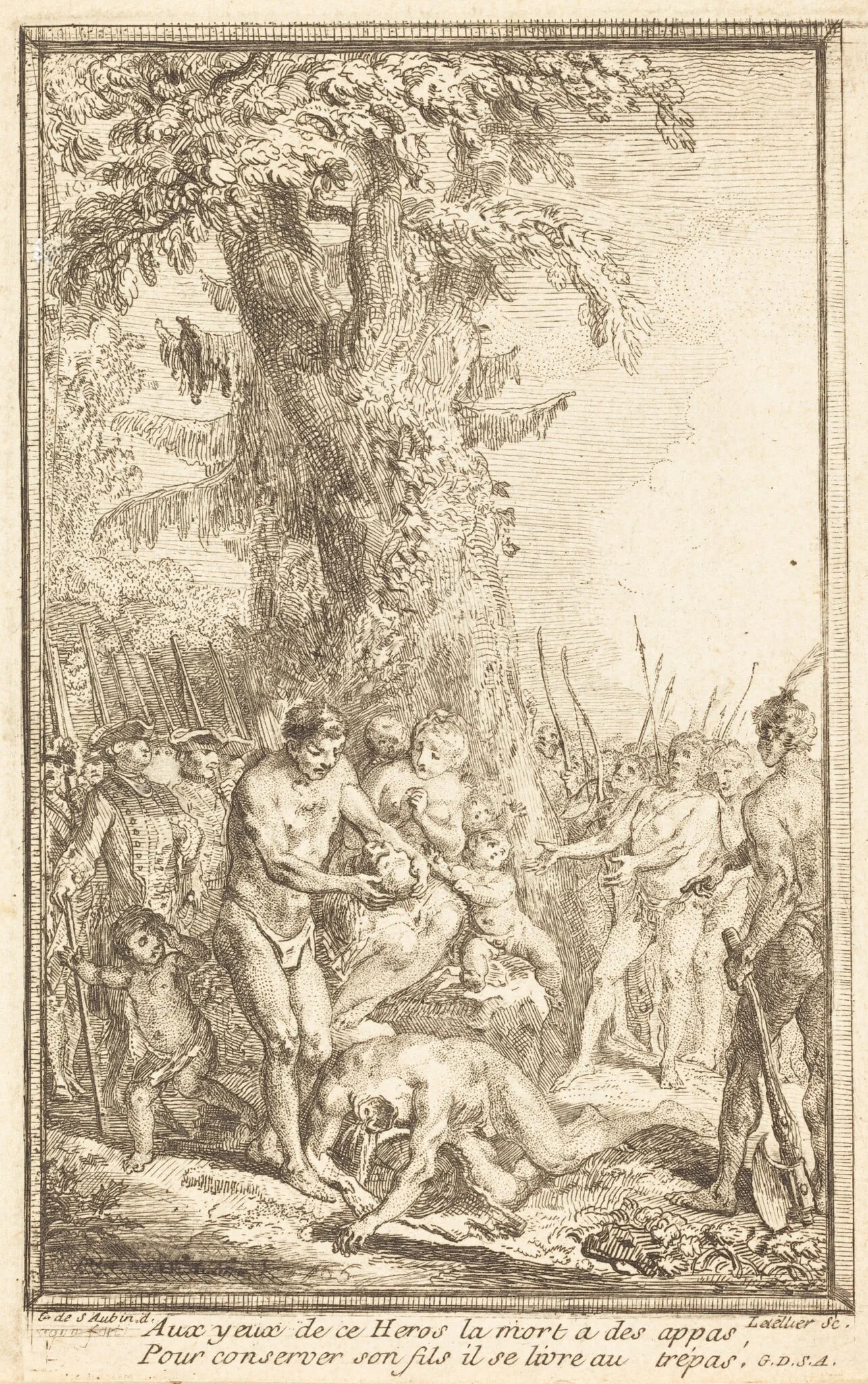 Heroic Act of a Father Who Sacrifices for His Son (Trait heroique d'un pere qui se sacrifie pour son fils), by Gabriel de Saint-Aubin, ink, 1767