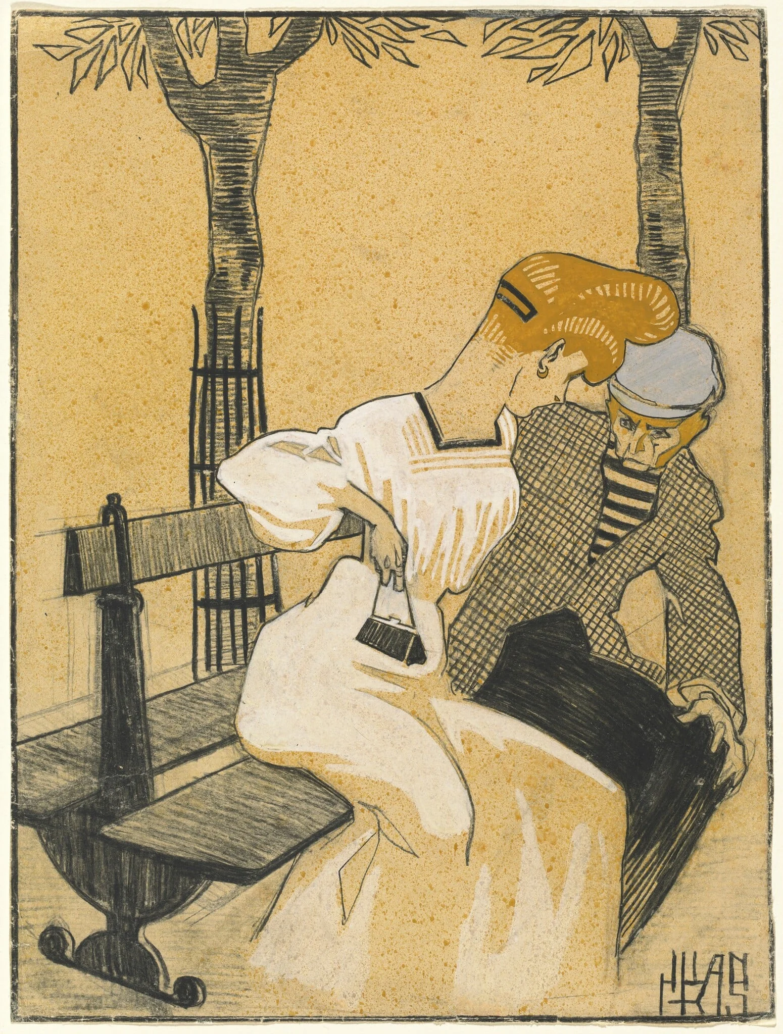 Man and Woman on Bench, by Juan Gris, gouache, 1908