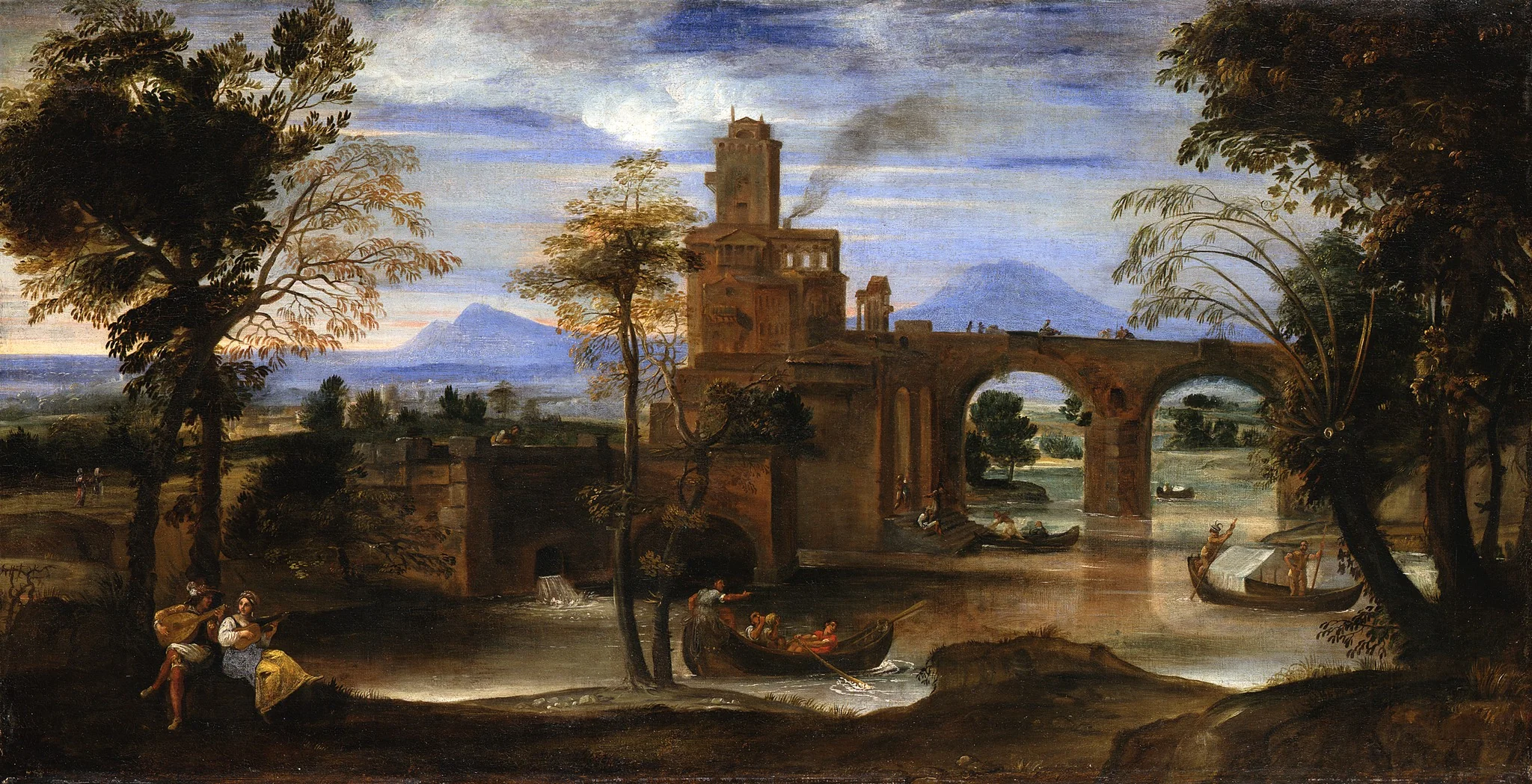 A Roman River Scene with a Castle and a Bridge