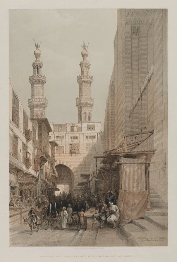 Egypt and Nubia, Volume III: Minarets, and Grand Entrance of the Metwaleys, at Cairo, by Louis Haghe, 1848