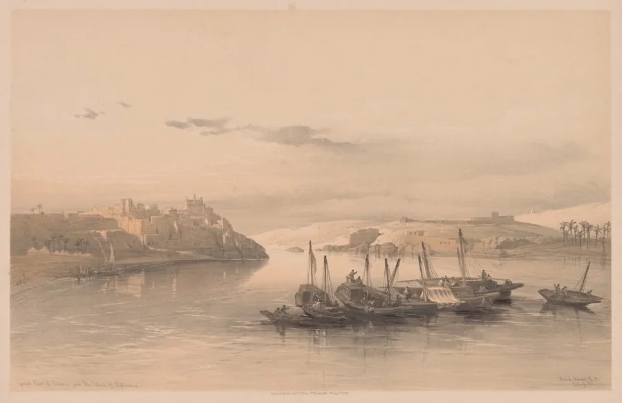 Egypt and Nubia:  Volume II - No. 28, General View of Asouan and the Island of Elephantine, by Louis Haghe, 1838