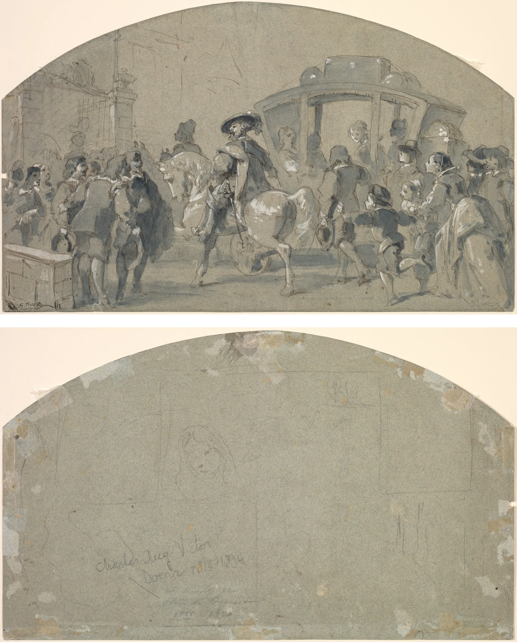 Street Scene (recto); Sketches (verso), by Gustave Doré, 1848