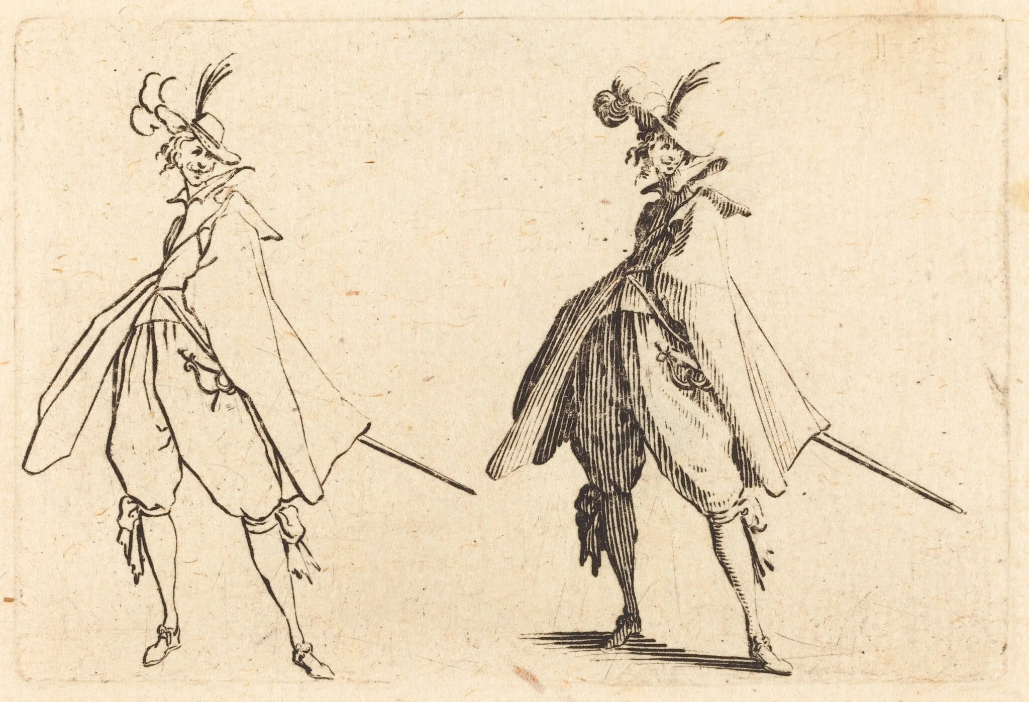 Gentleman in Large Mantle, Front View, by Jacques Callot, ink, 1622