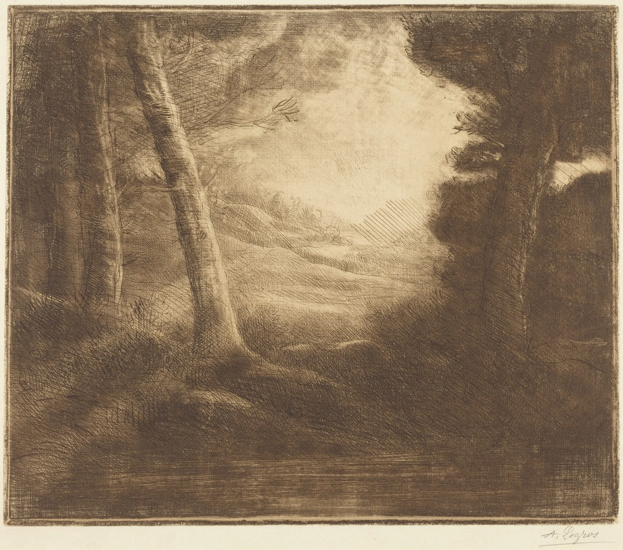 Water's Edge by Morning Light (Au bord de l'eau (Effet du matin)), by Alphonse Legros, ink, 1874