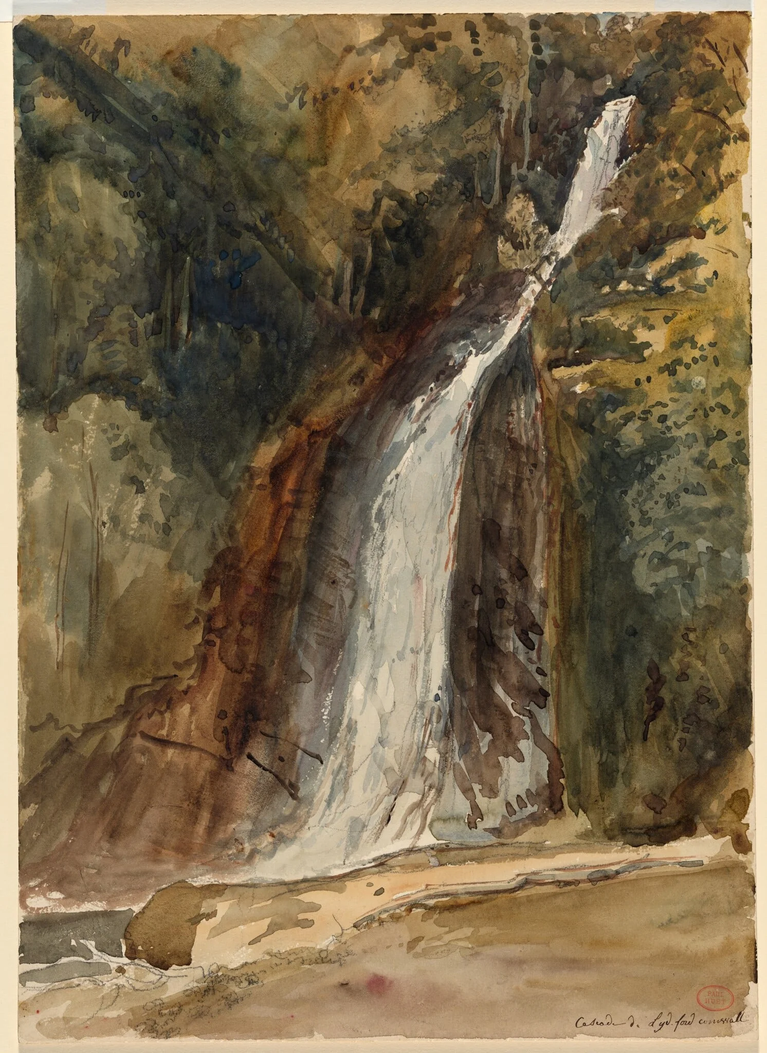 The Waterfall at Lydford Gorge, Devon, by Paul Huet, watercolor, 1862
