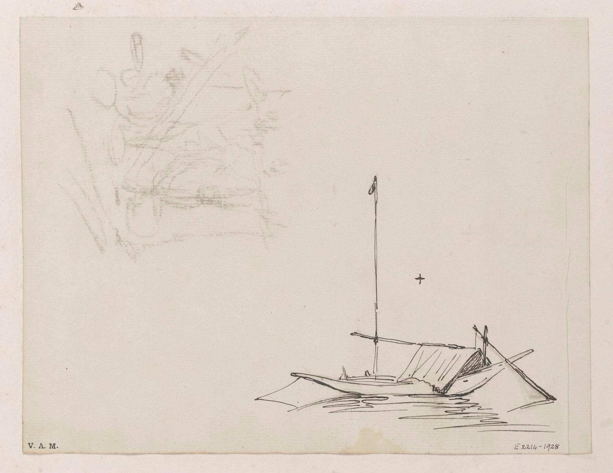 Two drawings: a small tethered boat, and a sketch of figures with utensils, by George Chinnery, 16