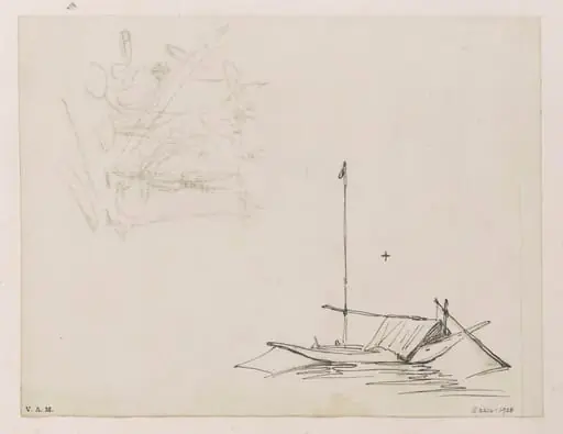 Two drawings: a small tethered boat, and a sketch of figures with utensils