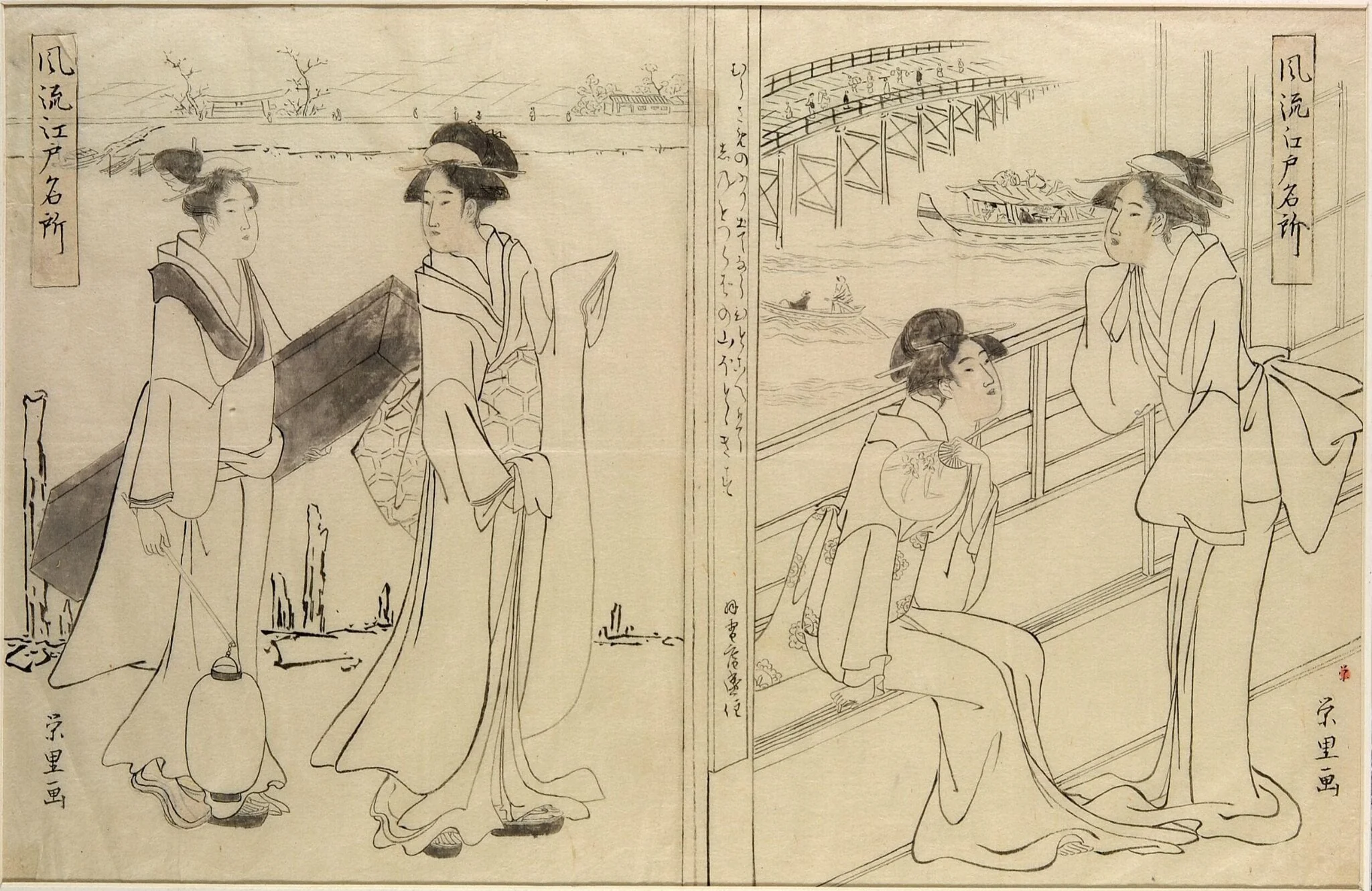 Two pairs of beauties - one at a window, the other taking a walk, by Chōkyōsai Eiri 鳥橋斎栄里, paint, 1795