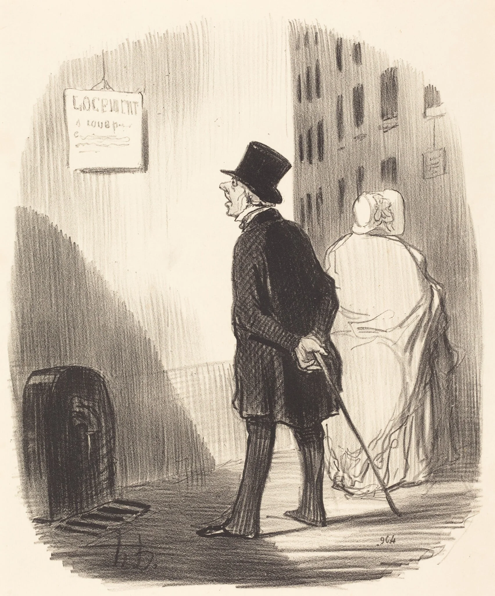Tiens, voilà un écriteau que ma femme a passé..., by Honoré Daumier, ink, 1848