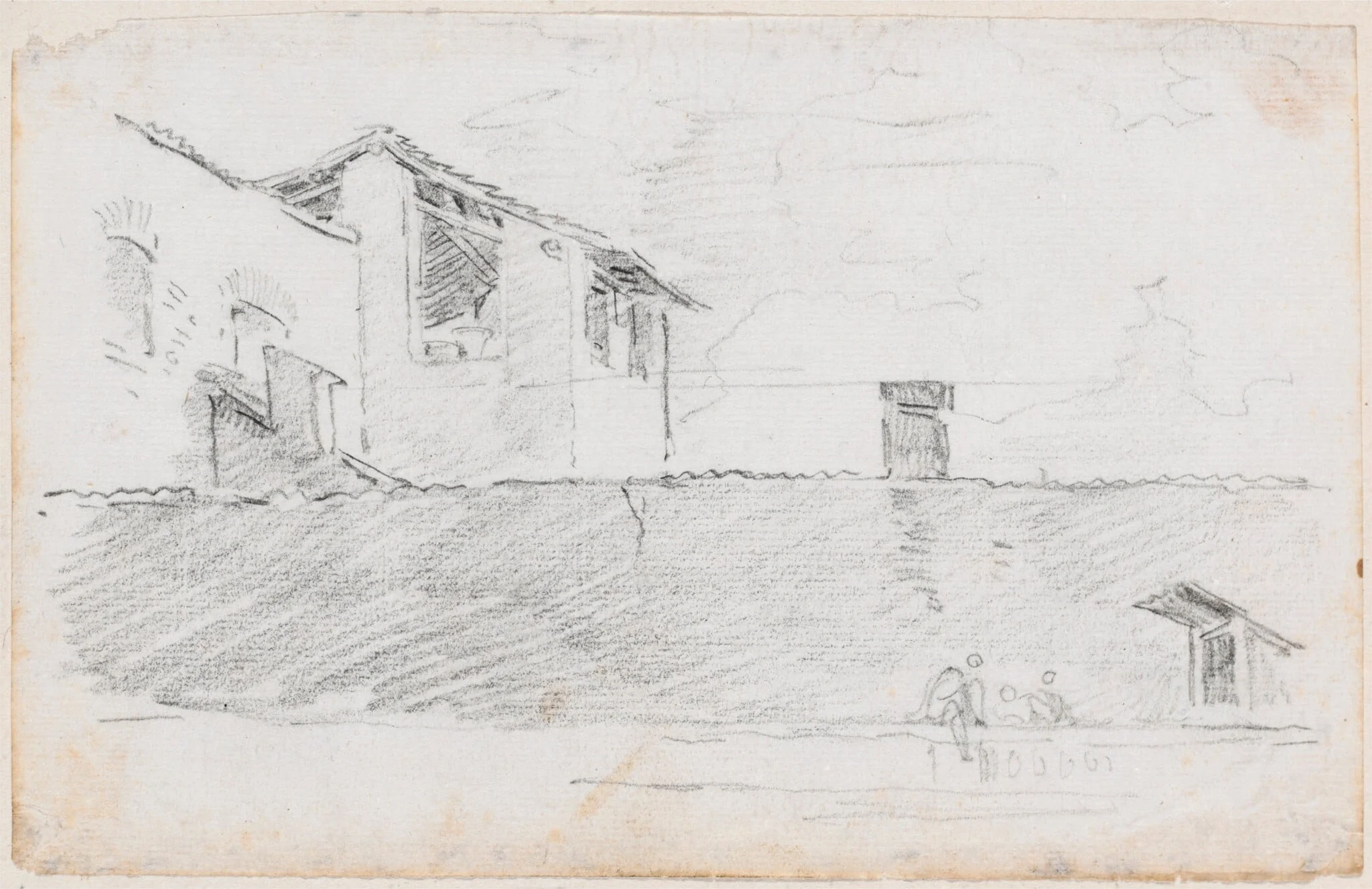 Housetops behind a Wall, by Hubert Robert, chalk, 1760