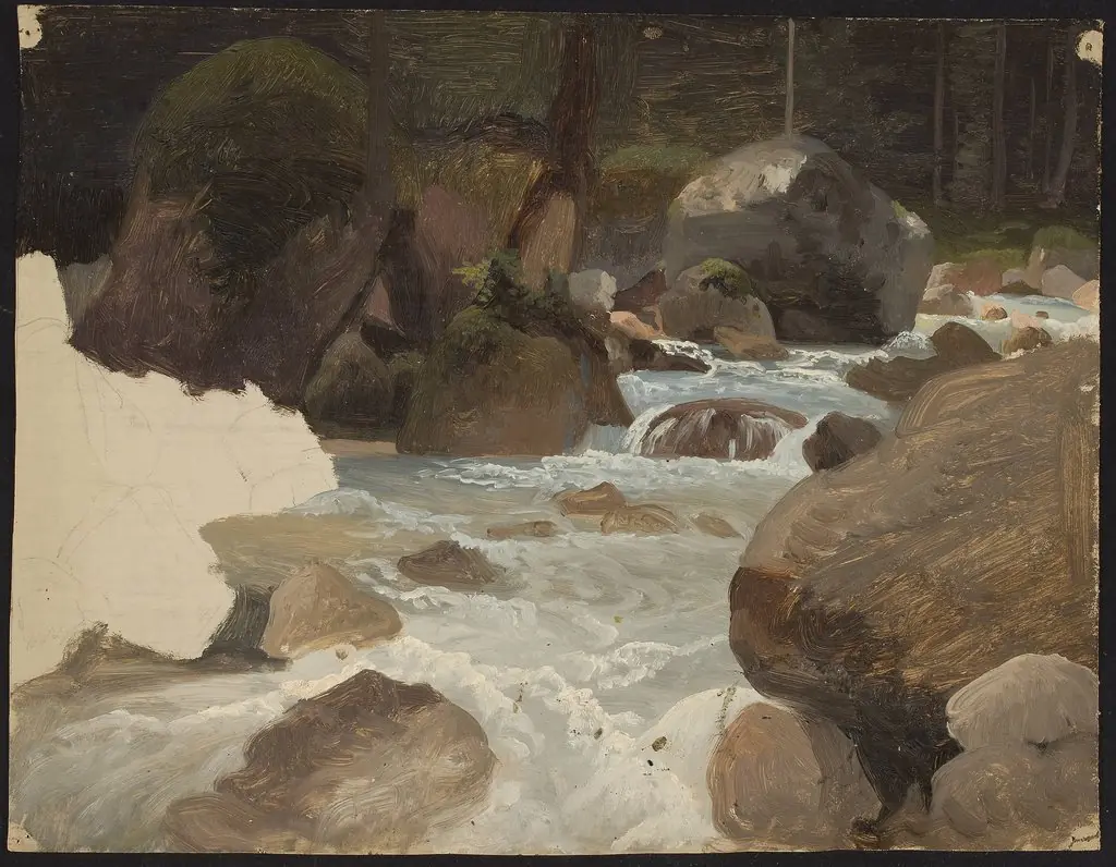 Mountain stream in the forest, sketch